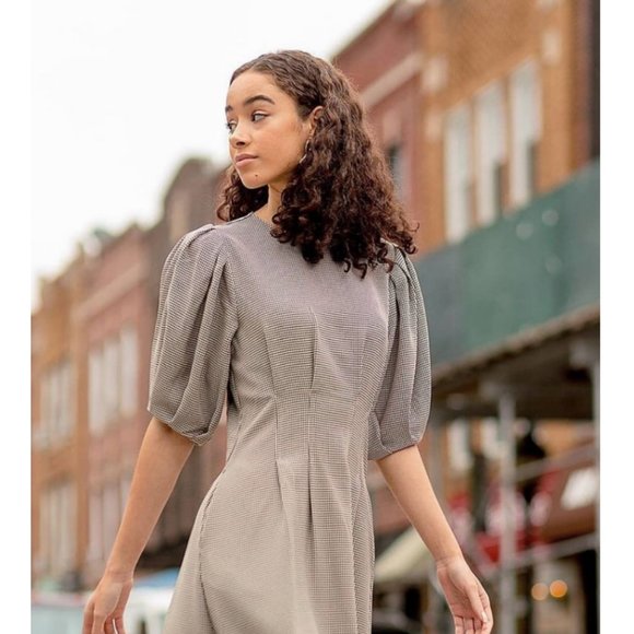 NWT Anthropologie Houndstooth Pleated Puff Sleeve Cottagecore Preppy Midi Dress - Picture 3 of 10